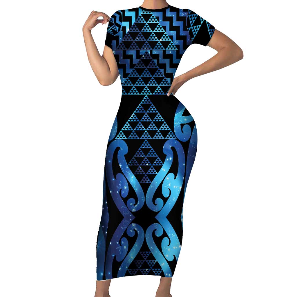 Taniko Motifs Matariki New Zealand Short Sleeve Bodycon Dress NZ Niho Taniwha Poutama LT14 Long Dress Blue - Polynesian Pride