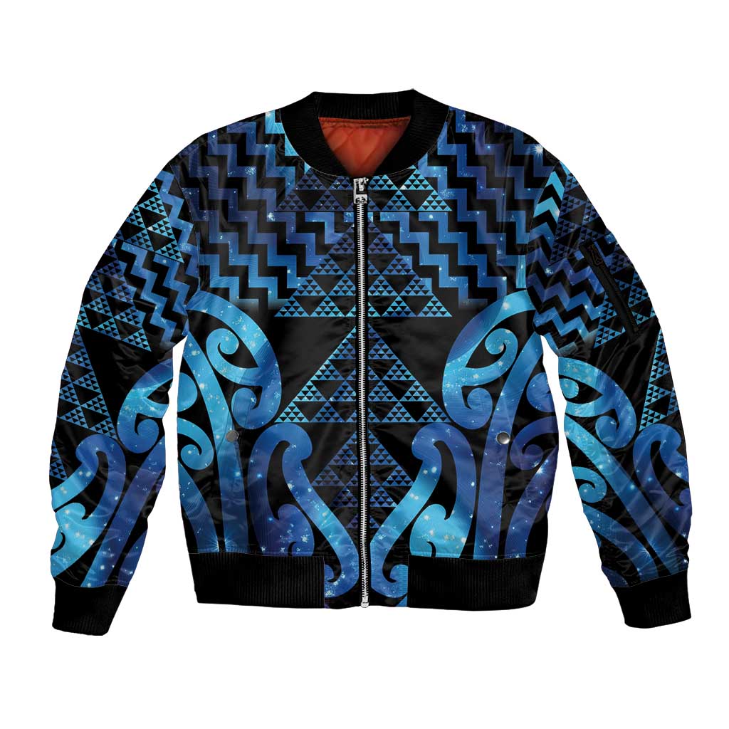 Taniko Motifs Matariki New Zealand Sleeve Zip Bomber Jacket NZ Niho Taniwha Poutama LT14 Unisex Blue - Polynesian Pride