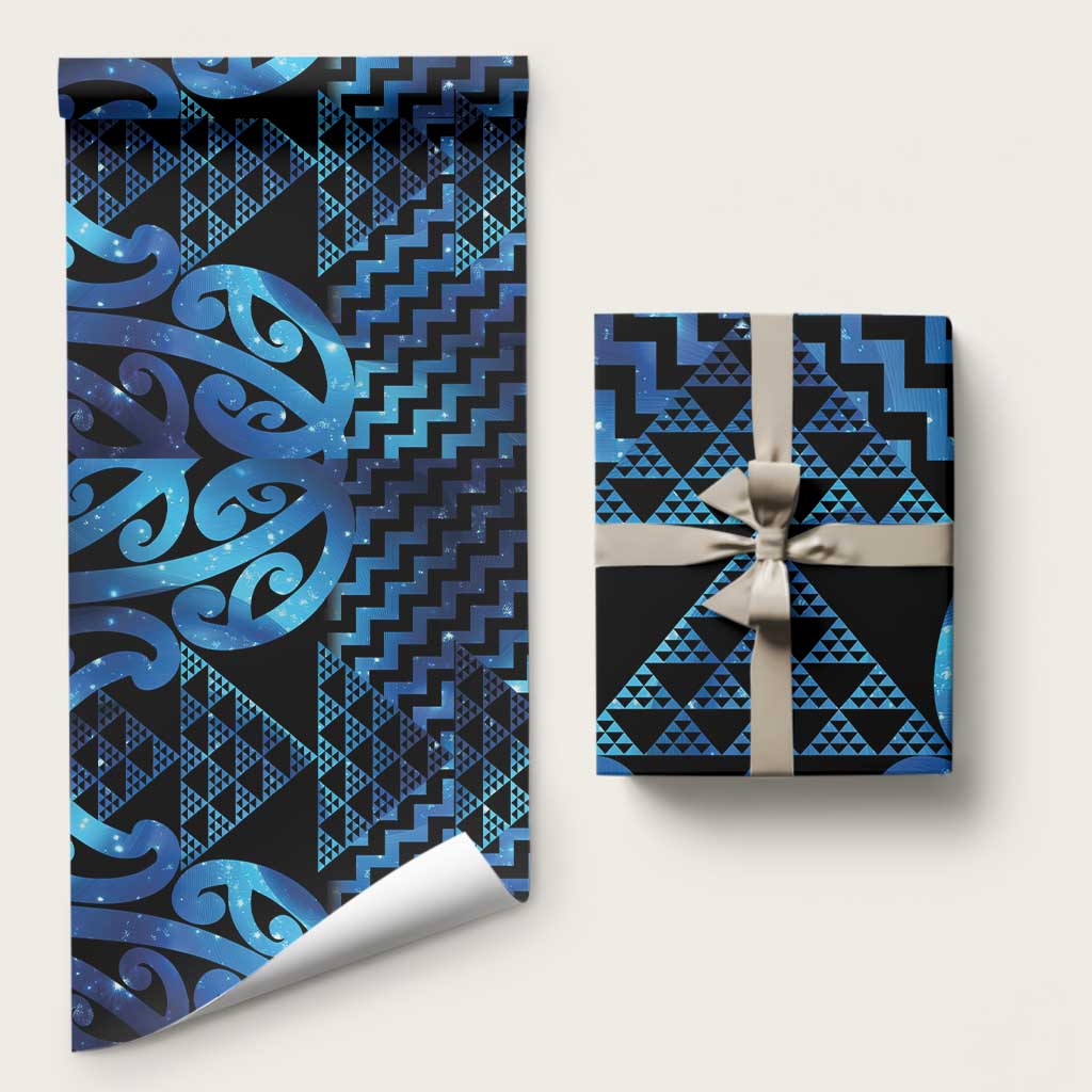 Taniko Motifs Matariki New Zealand Wrapping Paper NZ Niho Taniwha Poutama LT14 58" × 23" Blue - Polynesian Pride