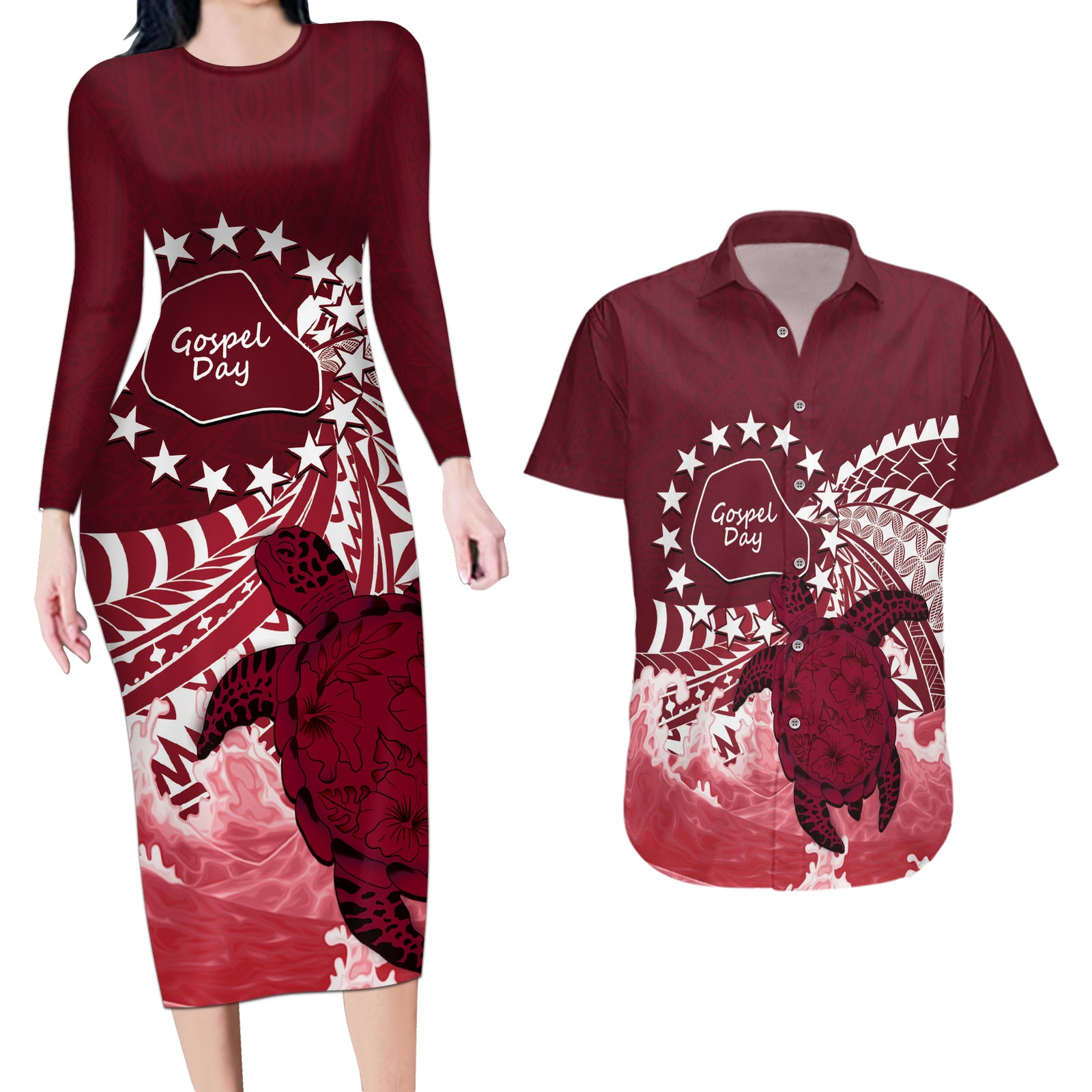 Cook Islands Mangaia Gospel Day Couples Matching Long Sleeve Bodycon Dress and Hawaiian Shirt Polynesian Art With Sea Turtle