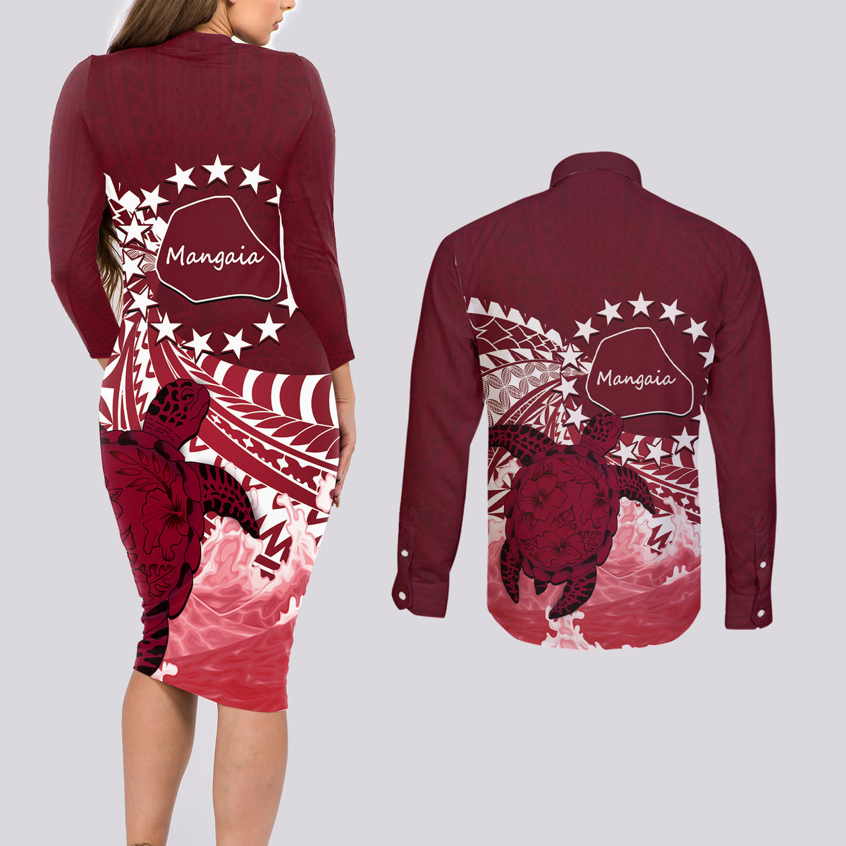 Cook Islands Mangaia Gospel Day Couples Matching Long Sleeve Bodycon Dress and Long Sleeve Button Shirt Polynesian Art With Sea Turtle