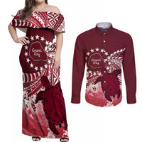 Cook Islands Mangaia Gospel Day Couples Matching Off Shoulder Maxi Dress and Long Sleeve Button Shirt Polynesian Art With Sea Turtle