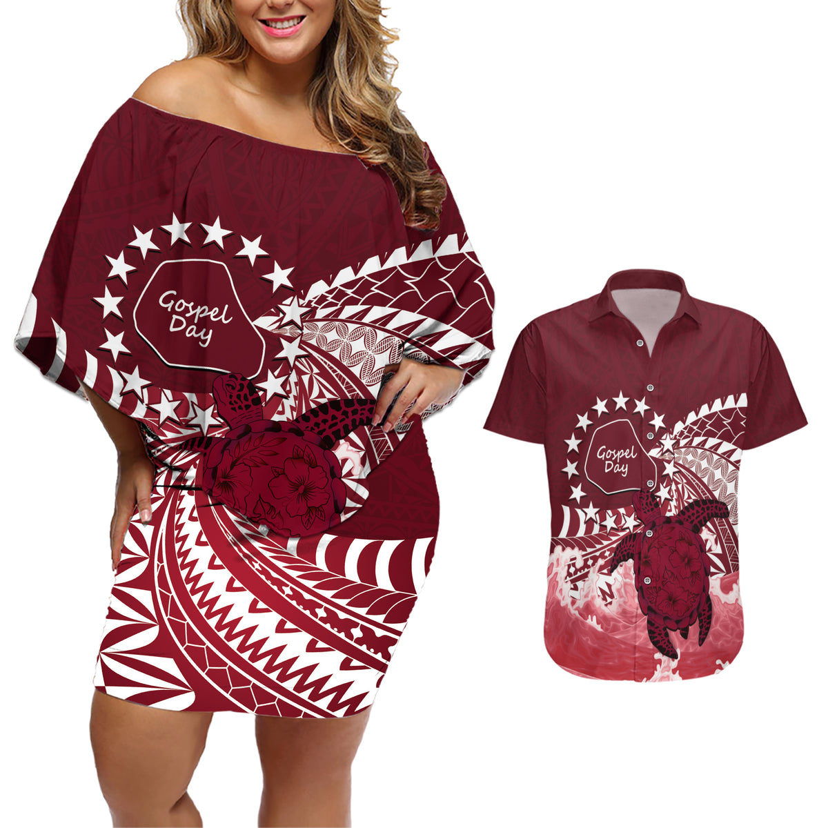 Cook Islands Mangaia Gospel Day Couples Matching Off Shoulder Short Dress and Hawaiian Shirt Polynesian Art With Sea Turtle