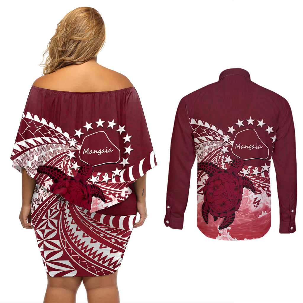 Cook Islands Mangaia Gospel Day Couples Matching Off Shoulder Short Dress and Long Sleeve Button Shirt Polynesian Art With Sea Turtle