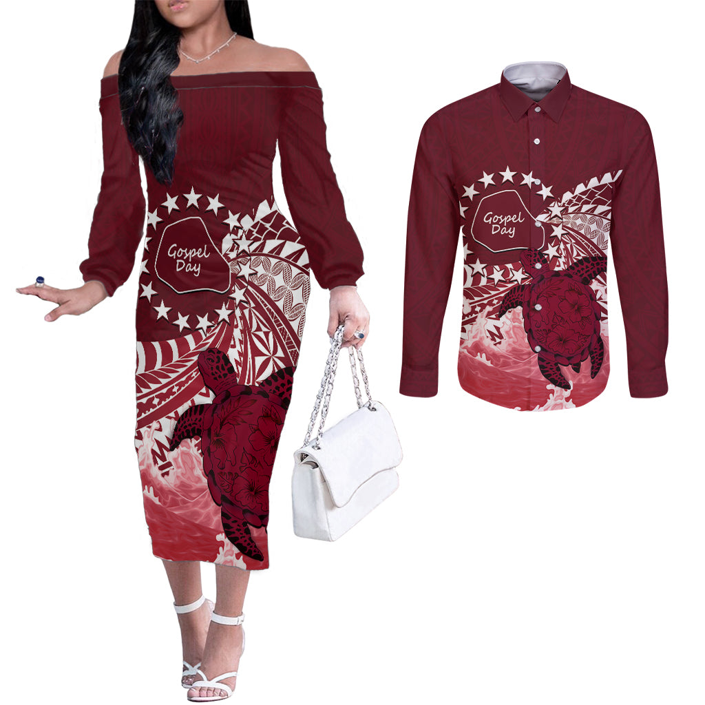 Cook Islands Mangaia Gospel Day Couples Matching Off The Shoulder Long Sleeve Dress and Long Sleeve Button Shirt Polynesian Art With Sea Turtle