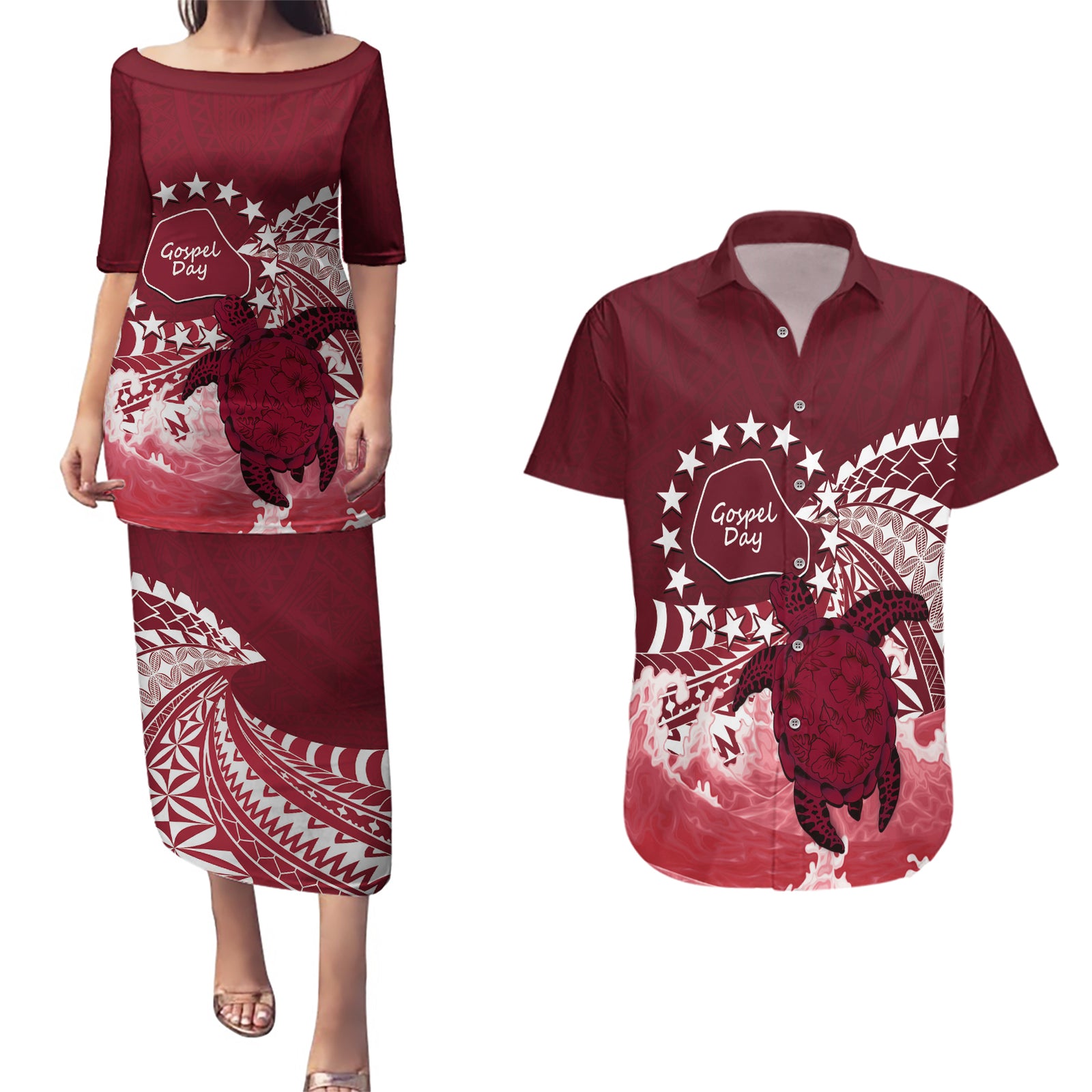 Cook Islands Mangaia Gospel Day Couples Matching Puletasi and Hawaiian Shirt Polynesian Art With Sea Turtle