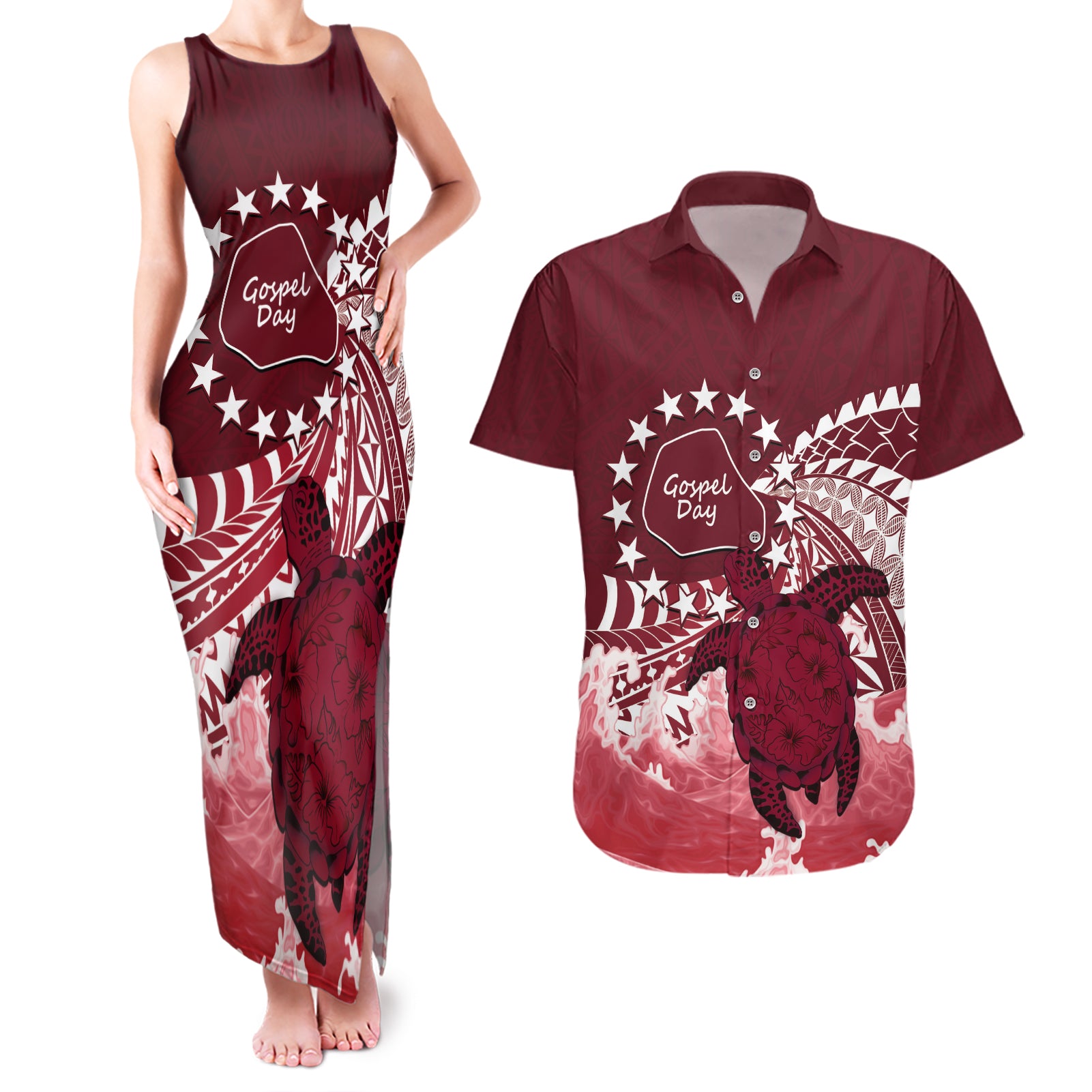 Cook Islands Mangaia Gospel Day Couples Matching Tank Maxi Dress and Hawaiian Shirt Polynesian Art With Sea Turtle