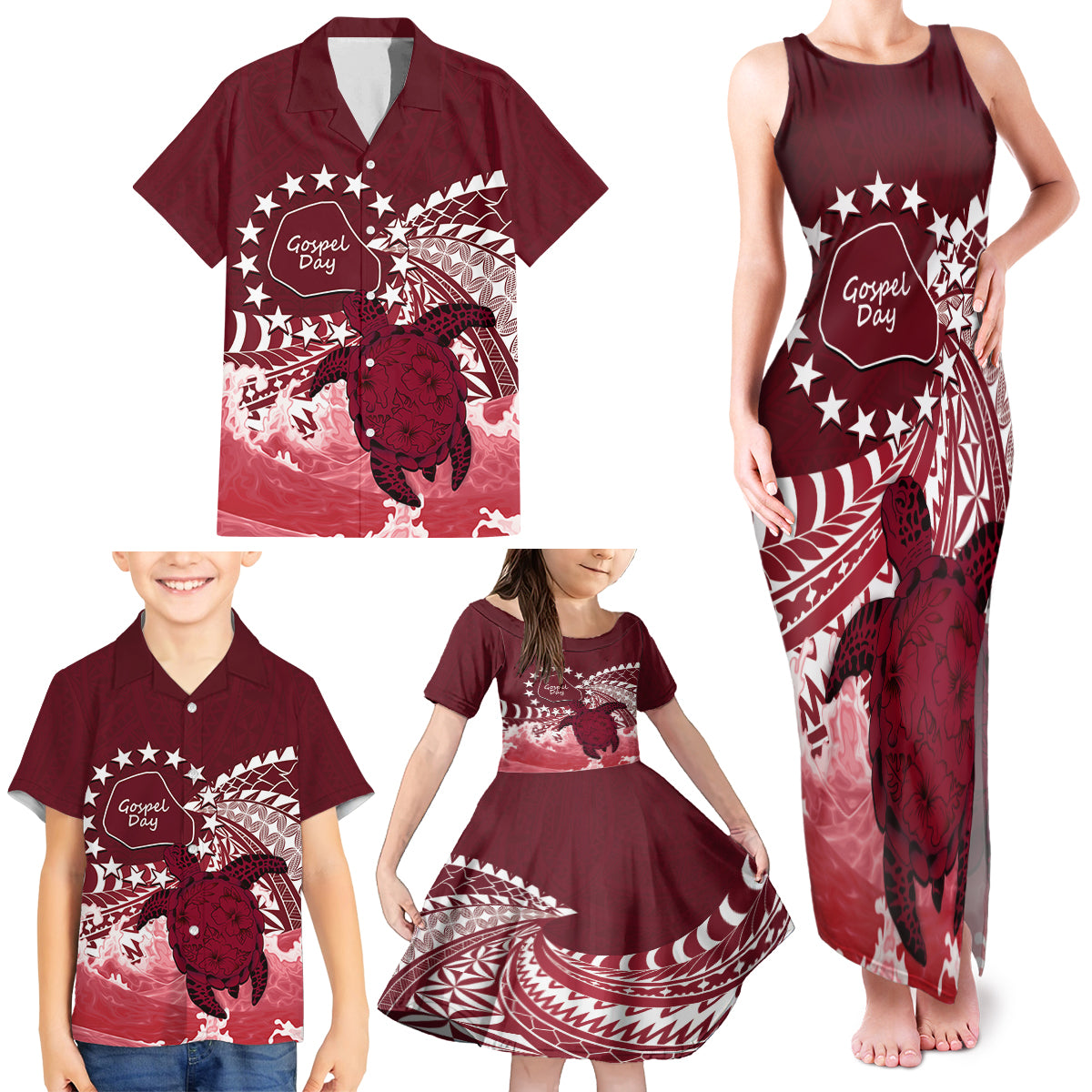 Cook Islands Mangaia Gospel Day Family Matching Tank Maxi Dress and Hawaiian Shirt Polynesian Art With Sea Turtle