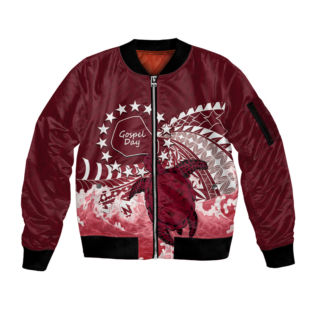 Cook Islands Mangaia Gospel Day Sleeve Zip Bomber Jacket Polynesian Art With Sea Turtle