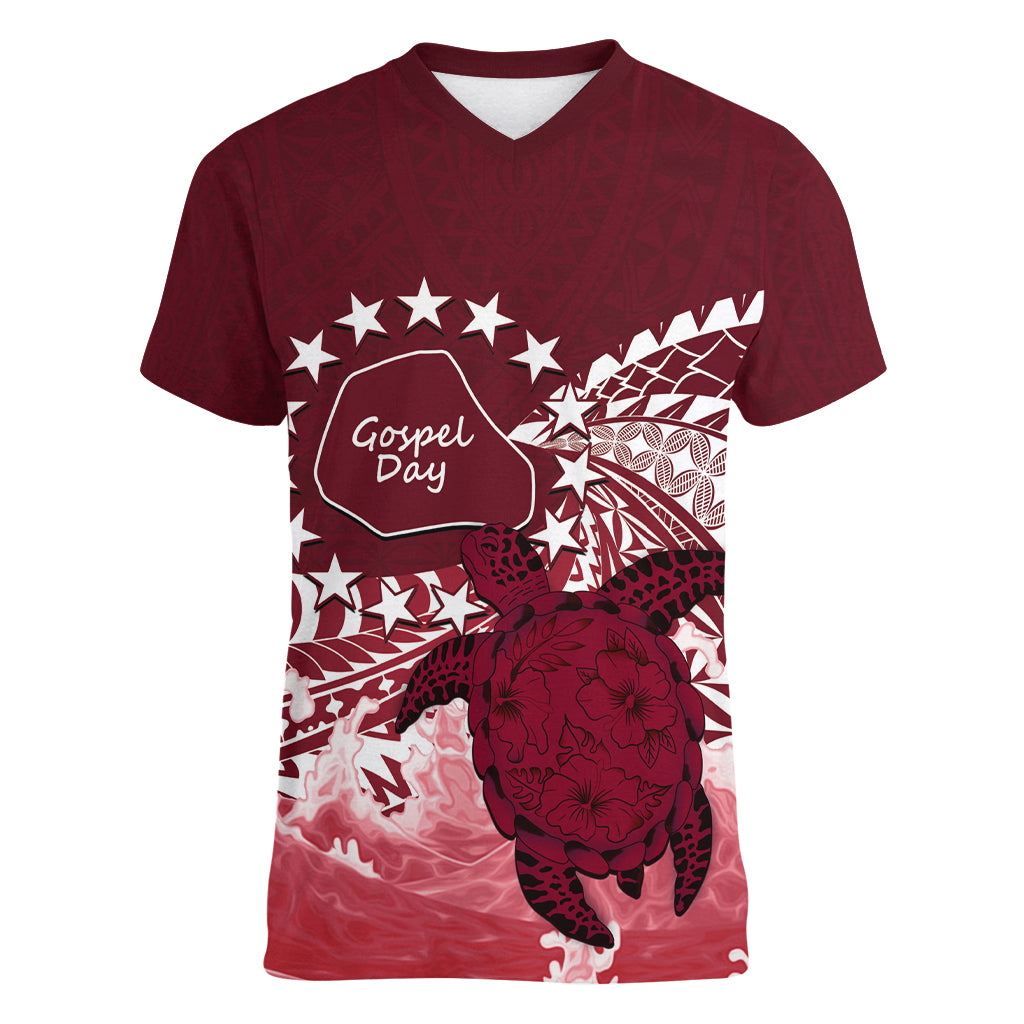 Cook Islands Mangaia Gospel Day Women V-Neck T-Shirt Polynesian Art With Sea Turtle