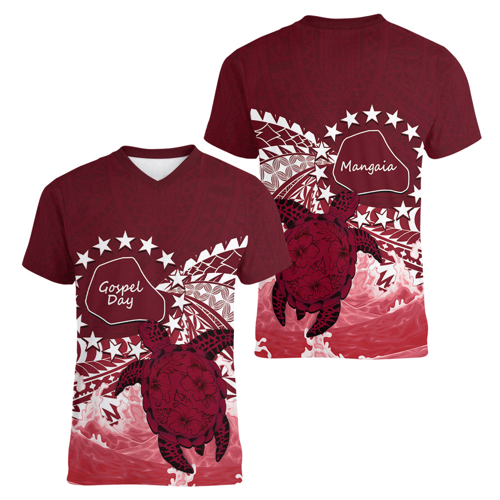 Cook Islands Mangaia Gospel Day Women V-Neck T-Shirt Polynesian Art With Sea Turtle
