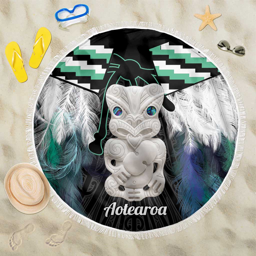 Aotearoa Korowai Motif Beach Blanket Hei Tiki Poutama Maori Pattern LT14 One Size 150cm Turquoise - Polynesian Pride
