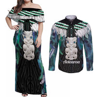 Aotearoa Korowai Motif Couples Matching Off Shoulder Maxi Dress and Long Sleeve Button Shirt Hei Tiki Poutama Maori Pattern