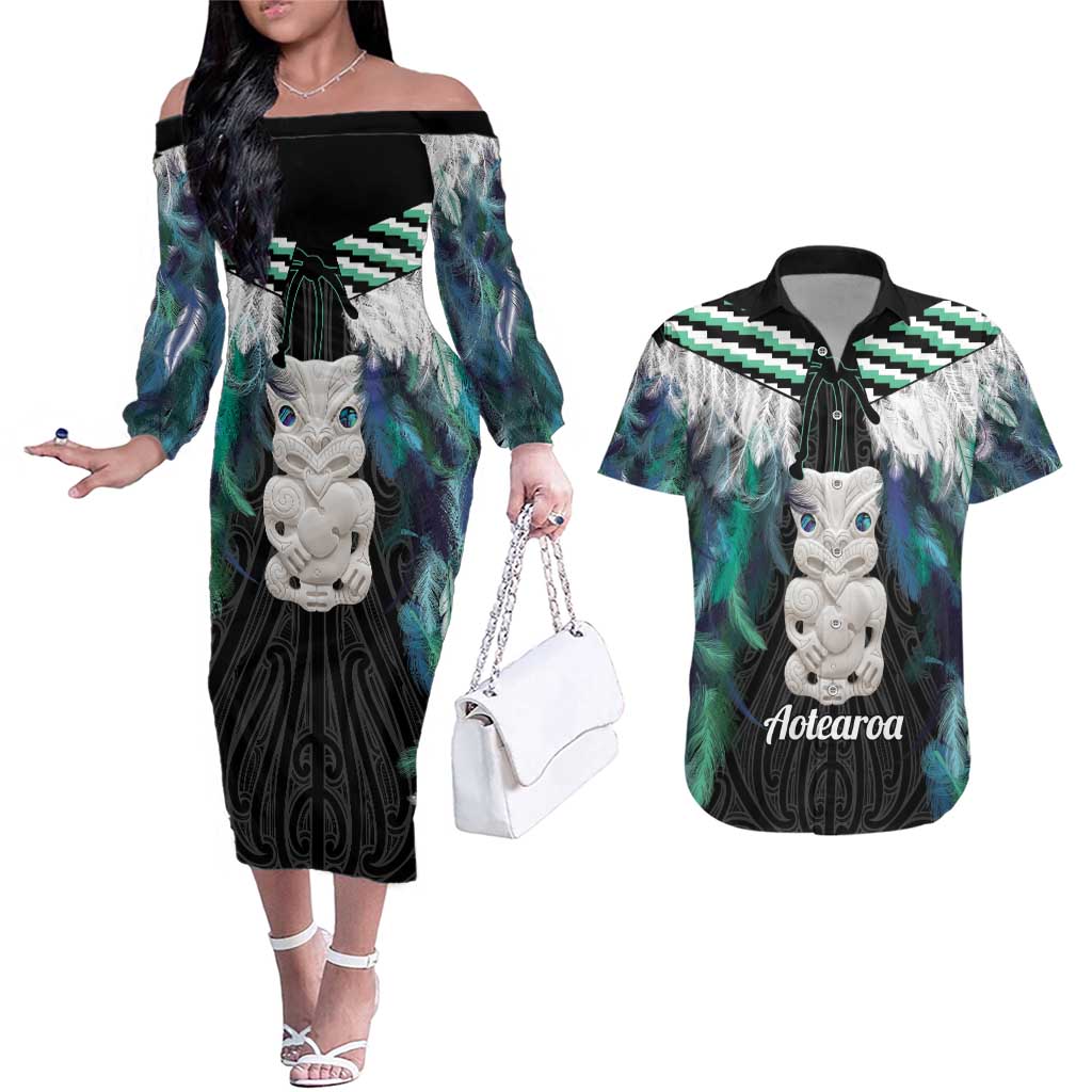 Aotearoa Korowai Motif Couples Matching Off The Shoulder Long Sleeve Dress and Hawaiian Shirt Hei Tiki Poutama Maori Pattern