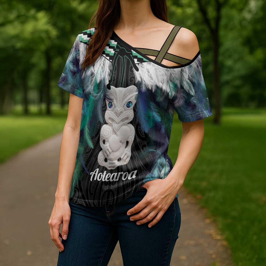 Aotearoa Korowai Motif Cross Shoulder Shirt Hei Tiki Poutama Maori Pattern - Polynesian Pride