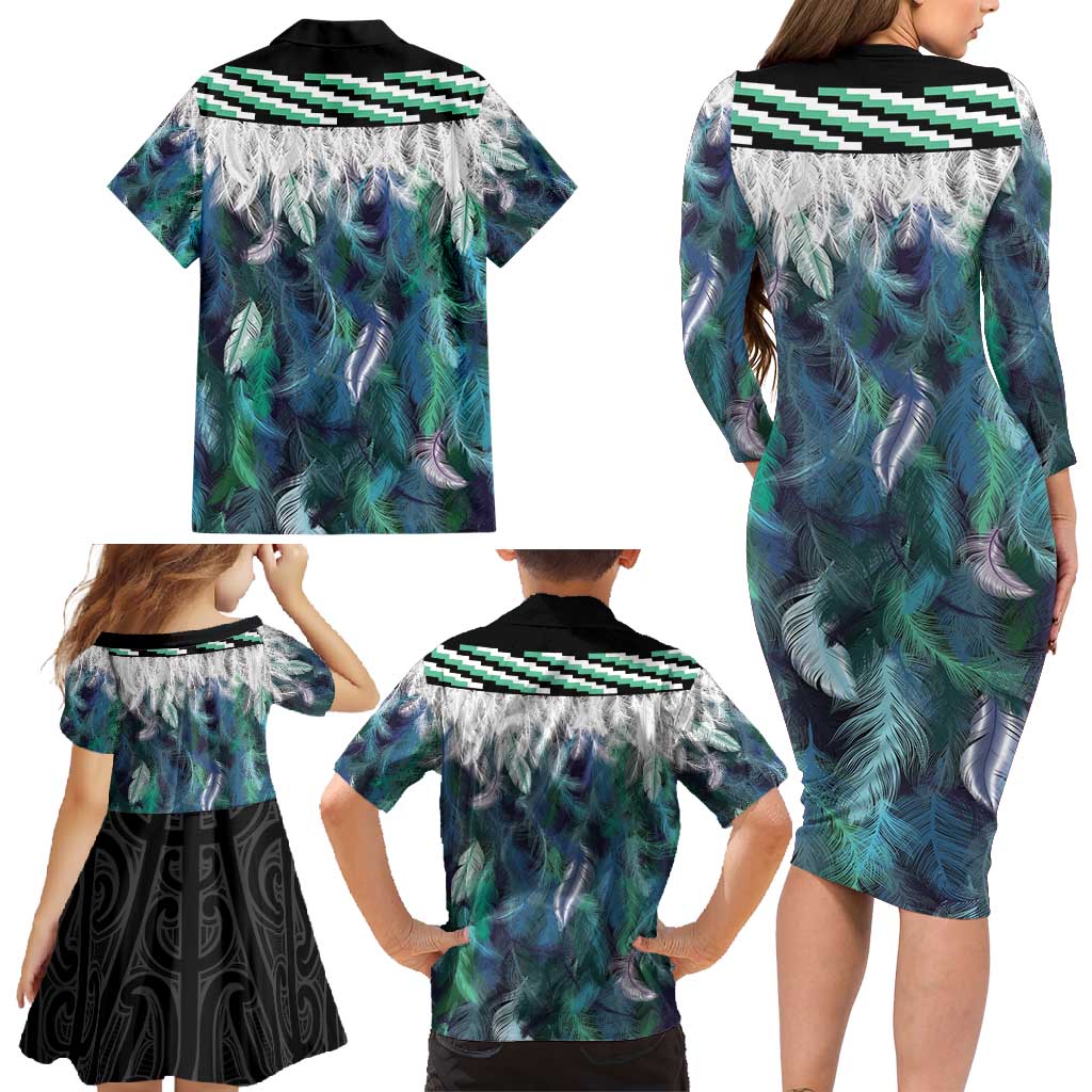 Aotearoa Korowai Motif Family Matching Long Sleeve Bodycon Dress and Hawaiian Shirt Hei Tiki Poutama Maori Pattern