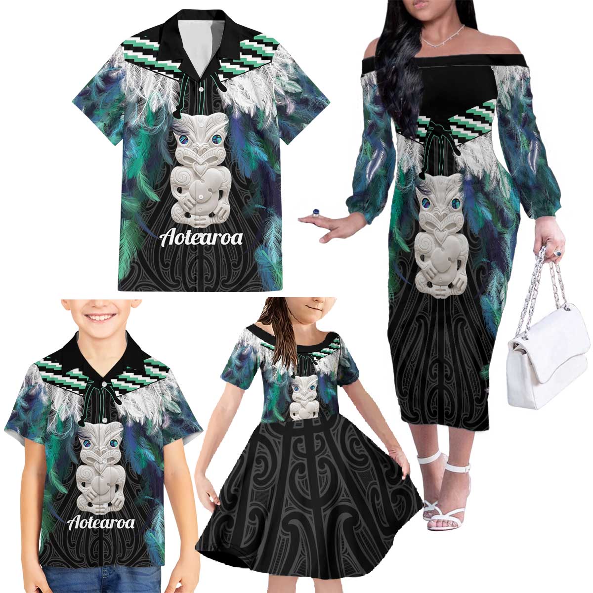 Aotearoa Korowai Motif Family Matching Off The Shoulder Long Sleeve Dress and Hawaiian Shirt Hei Tiki Poutama Maori Pattern