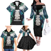Aotearoa Korowai Motif Family Matching Off The Shoulder Long Sleeve Dress and Hawaiian Shirt Hei Tiki Poutama Maori Pattern