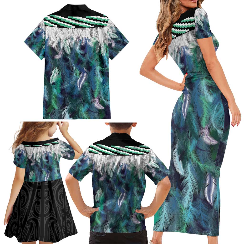 Aotearoa Korowai Motif Family Matching Short Sleeve Bodycon Dress and Hawaiian Shirt Hei Tiki Poutama Maori Pattern