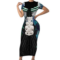 Aotearoa Korowai Motif Family Matching Short Sleeve Bodycon Dress and Hawaiian Shirt Hei Tiki Poutama Maori Pattern