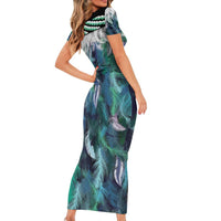 Aotearoa Korowai Motif Family Matching Short Sleeve Bodycon Dress and Hawaiian Shirt Hei Tiki Poutama Maori Pattern