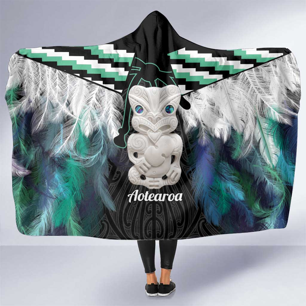 Aotearoa Korowai Motif Hooded Blanket Hei Tiki Poutama Maori Pattern LT14 One Size Turquoise - Polynesian Pride