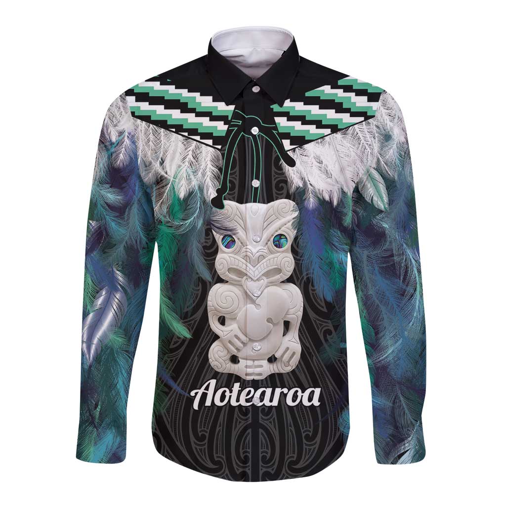 Aotearoa Korowai Motif Long Sleeve Button Shirt Hei Tiki Poutama Maori Pattern LT14 Unisex Turquoise - Polynesian Pride