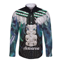 Aotearoa Korowai Motif Long Sleeve Button Shirt Hei Tiki Poutama Maori Pattern LT14 Unisex Turquoise - Polynesian Pride