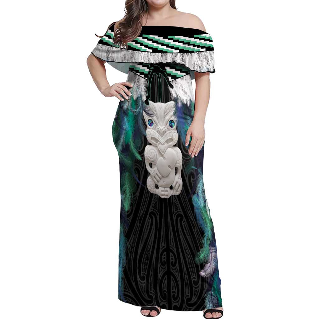 Aotearoa Korowai Motif Off Shoulder Maxi Dress Hei Tiki Poutama Maori Pattern