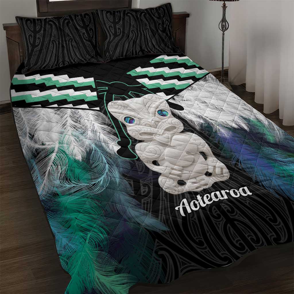Aotearoa Korowai Motif Quilt Bed Set Hei Tiki Poutama Maori Pattern LT14 Turquoise - Polynesian Pride
