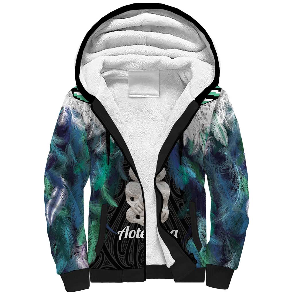 Aotearoa Korowai Motif Sherpa Hoodie Hei Tiki Poutama Maori Pattern LT14 Unisex Turquoise - Polynesian Pride