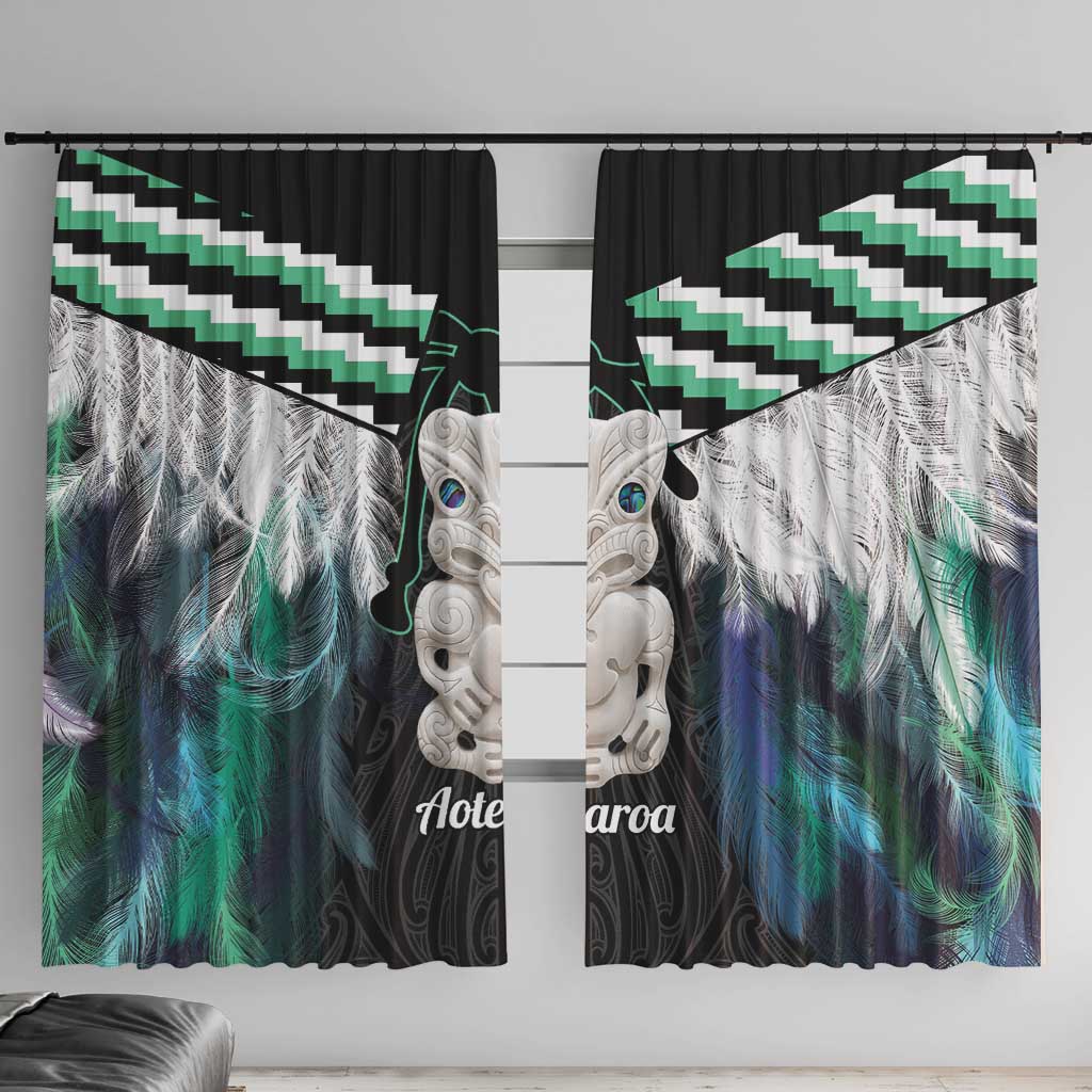 Aotearoa Korowai Motif Window Curtain Hei Tiki Poutama Maori Pattern LT14 With Hooks Turquoise - Polynesian Pride