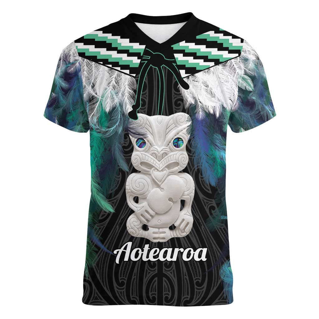Aotearoa Korowai Motif Women V-Neck T-Shirt Hei Tiki Poutama Maori Pattern