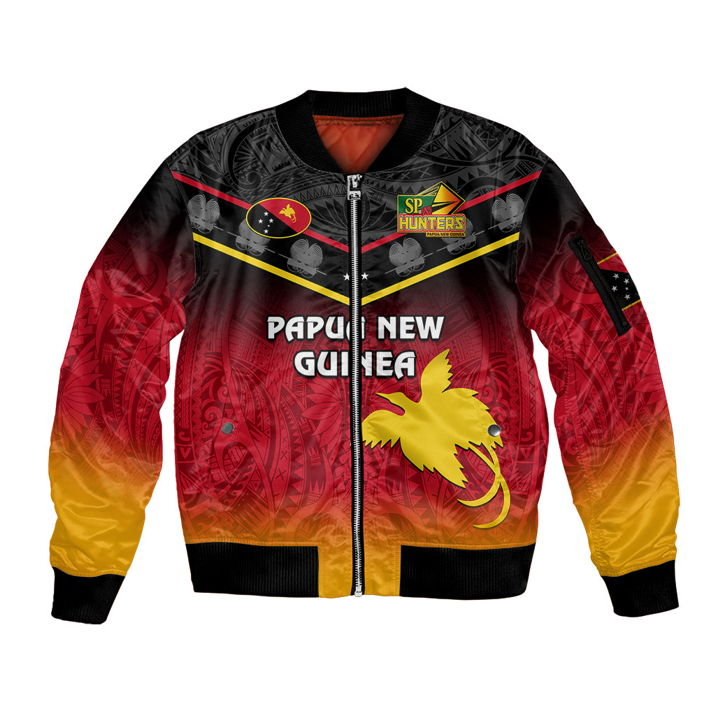 Papua New Guinea Rugby Sleeve Zip Bomber Jacket PNG Hunters Polynesian Black LT14 Unisex Black - Polynesian Pride