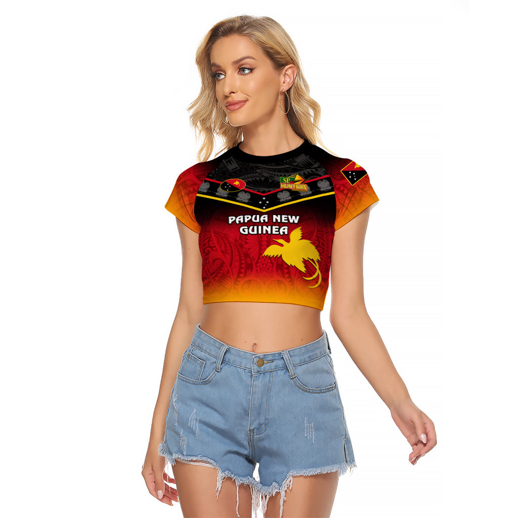 Personalised Papua New Guinea Rugby Raglan Cropped T Shirt PNG Hunters Polynesian Black LT14 Female Black - Polynesian Pride