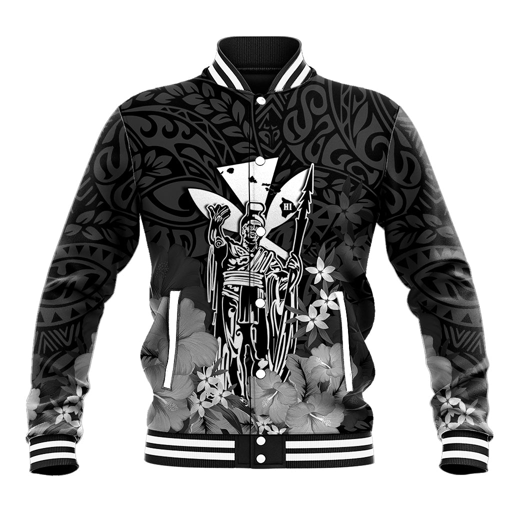 Polynesian Pride King Kamehameha Day Hawaii Baseball Jacket Polynesia Tribal Kanaka And Hibiscus Black LT14 Unisex Black - Polynesian Pride