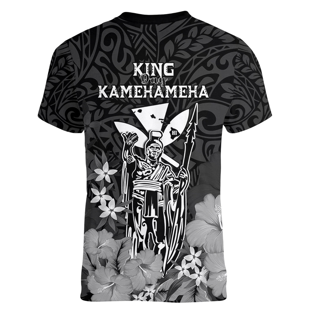 Polynesian Pride King Kamehameha Day Hawaii Women V Neck T Shirt Polynesia Tribal Kanaka And Hibiscus Black LT14 - Polynesian Pride
