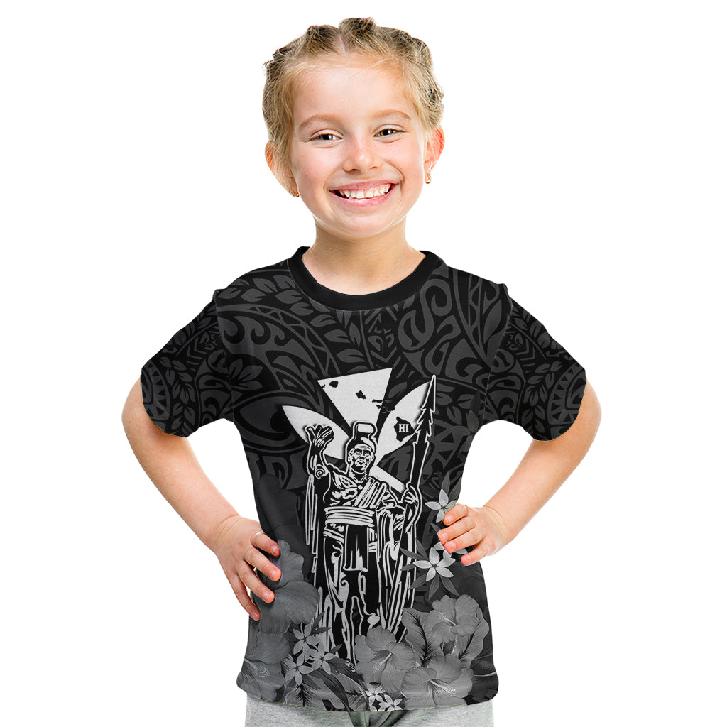 Personalised King Kamehameha Day Hawaii Kid T Shirt Polynesia Tribal Kanaka And Hibiscus Black LT14 Black - Polynesian Pride