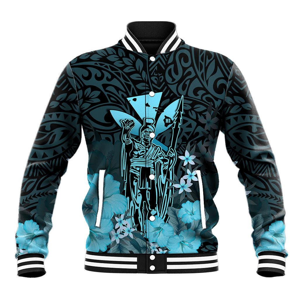 Polynesian Pride King Kamehameha Day Hawaii Baseball Jacket Polynesia Tribal Kanaka And Hibiscus Turquoise LT14 Unisex Turquoise - Polynesian Pride