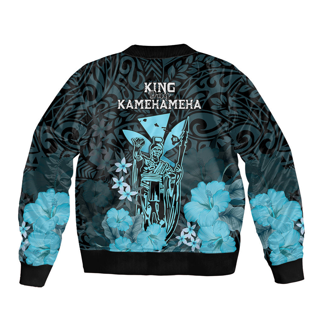 Polynesian Pride King Kamehameha Day Hawaii Bomber Jacket Polynesia Tribal Kanaka And Hibiscus Turquoise LT14 - Polynesian Pride