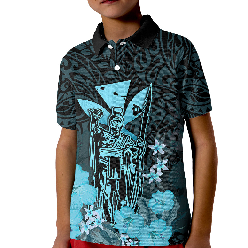 Personalised King Kamehameha Day Hawaii Kid Polo Shirt Polynesia Tribal Kanaka And Hibiscus Turquoise LT14 Kid Turquoise - Polynesian Pride