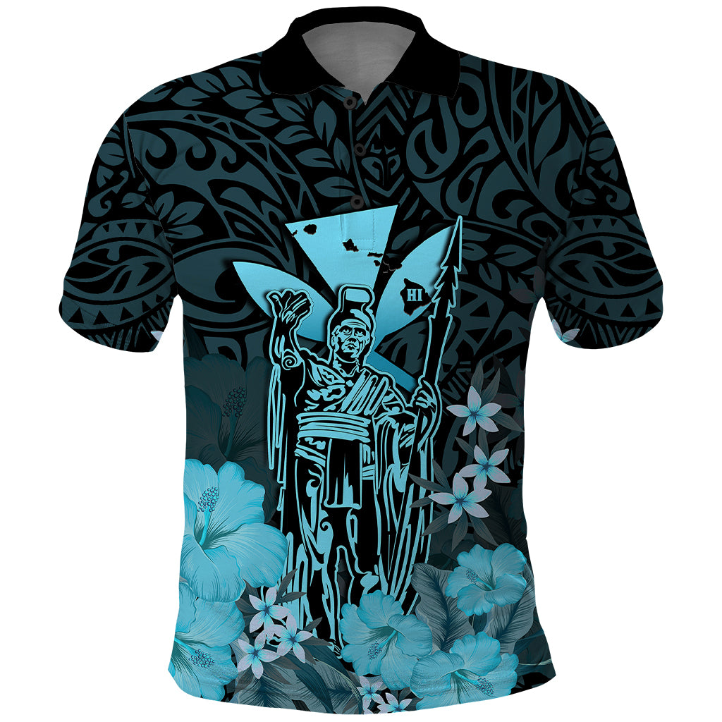 Custom King Kamehameha Day Hawaii Polo Shirt Polynesia Tribal Kanaka and Hibiscus Turquoise LT14 Turquoise - Polynesian Pride