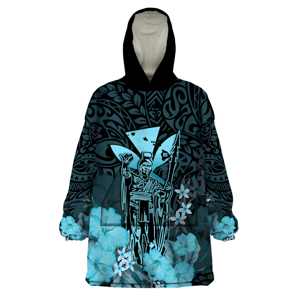 Personalised King Kamehameha Day Hawaii Wearable Blanket Hoodie Polynesia Tribal Kanaka And Hibiscus Turquoise LT14 One Size Turquoise - Polynesian Pride