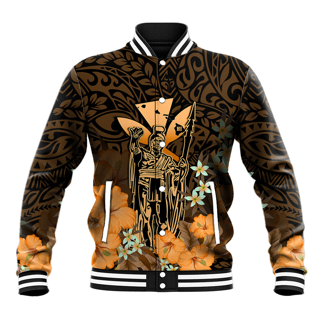 Polynesian Pride King Kamehameha Day Hawaii Baseball Jacket Polynesia Tribal Kanaka And Hibiscus Gold LT14 Unisex Gold - Polynesian Pride