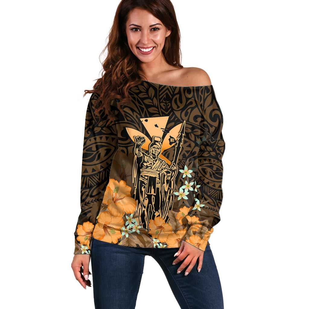 Polynesian Pride King Kamehameha Day Hawaii Off Shoulder Sweater Polynesia Tribal Kanaka And Hibiscus Gold LT14 Women Gold - Polynesian Pride