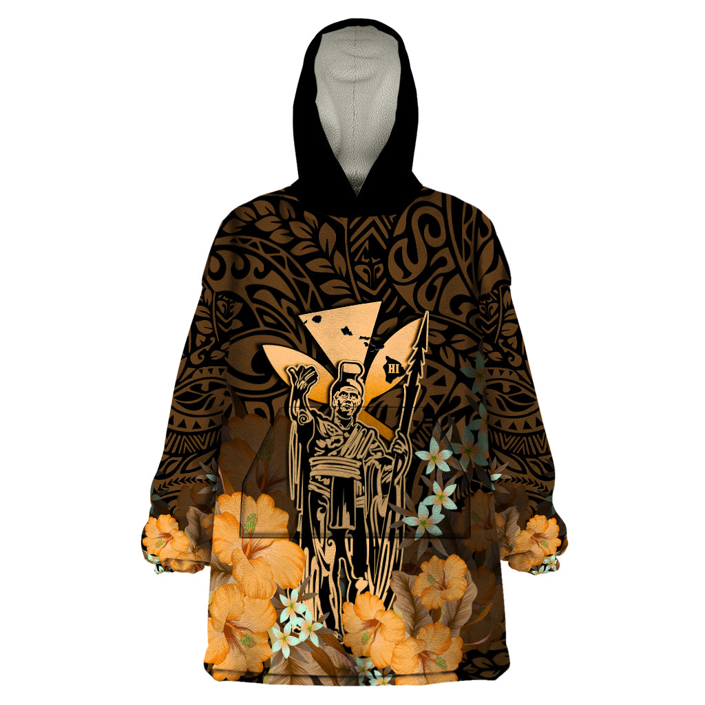 Polynesian Pride King Kamehameha Day Hawaii Wearable Blanket Hoodie Polynesia Tribal Kanaka And Hibiscus Gold LT14 One Size Gold - Polynesian Pride