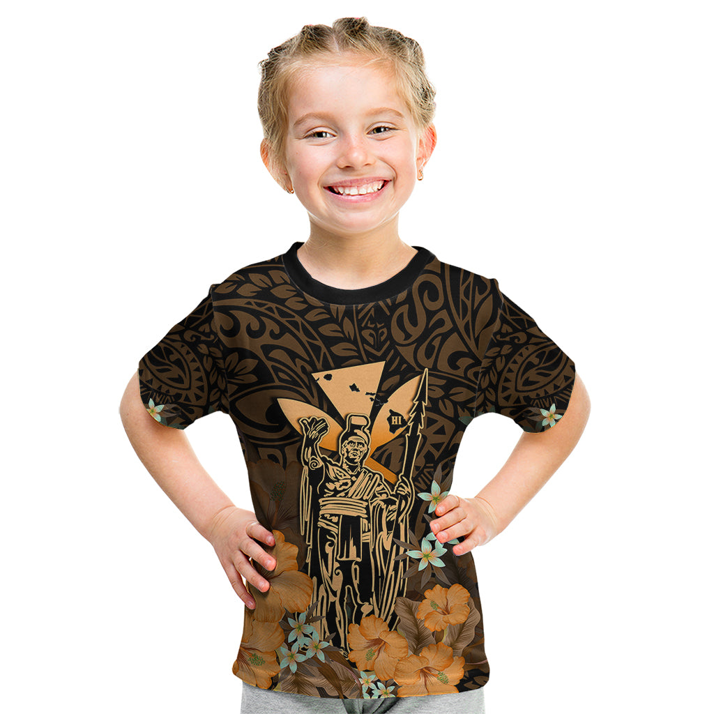 Personalised King Kamehameha Day Hawaii Kid T Shirt Polynesia Tribal Kanaka And Hibiscus Gold LT14 Gold - Polynesian Pride