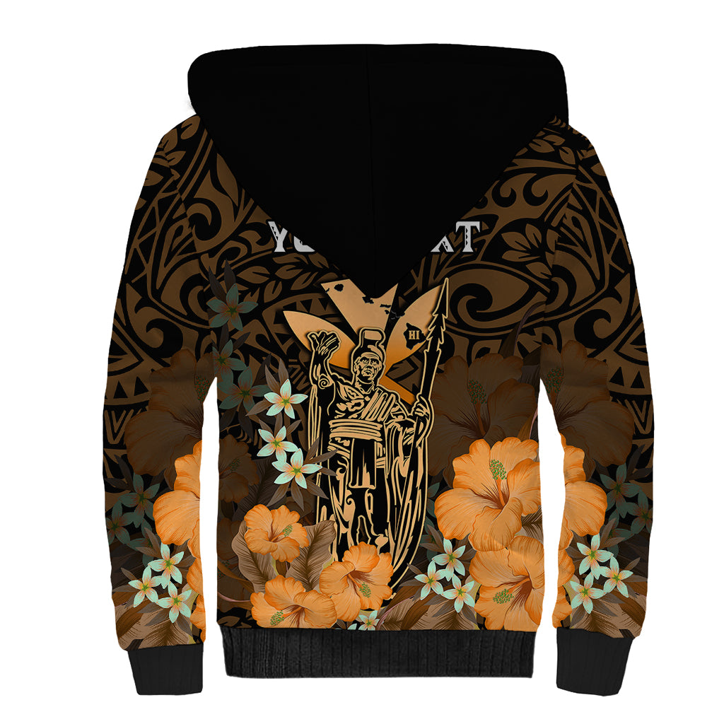Personalised King Kamehameha Day Hawaii Sherpa Hoodie Polynesia Tribal Kanaka And Hibiscus Gold LT14 - Polynesian Pride