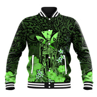 Polynesian Pride King Kamehameha Day Hawaii Baseball Jacket Polynesia Tribal Kanaka And Hibiscus Green LT14 Unisex Green - Polynesian Pride