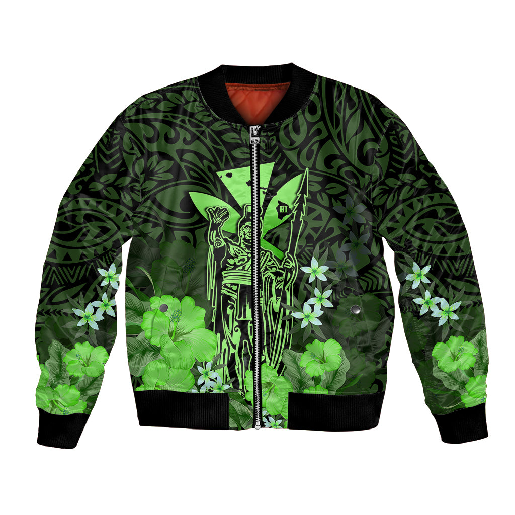 Polynesian Pride King Kamehameha Day Hawaii Bomber Jacket Polynesia Tribal Kanaka And Hibiscus Green LT14 Unisex Green - Polynesian Pride